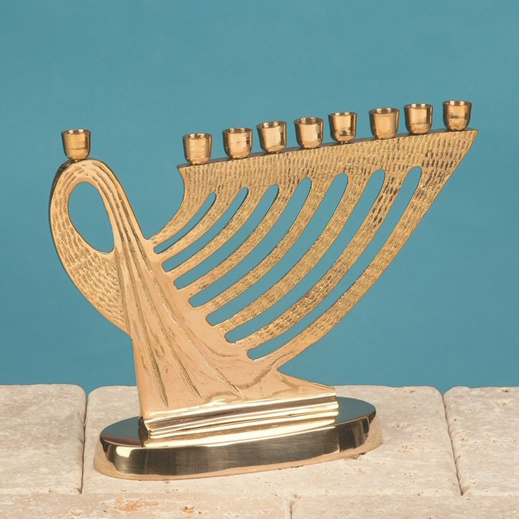 5.5" Textured Brass Harp Design Metal Menorah Candle Holder