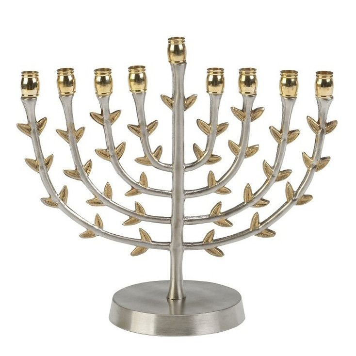 7" Silver and Brass Ornate Leaf Design Metal Menorah Candle Holder