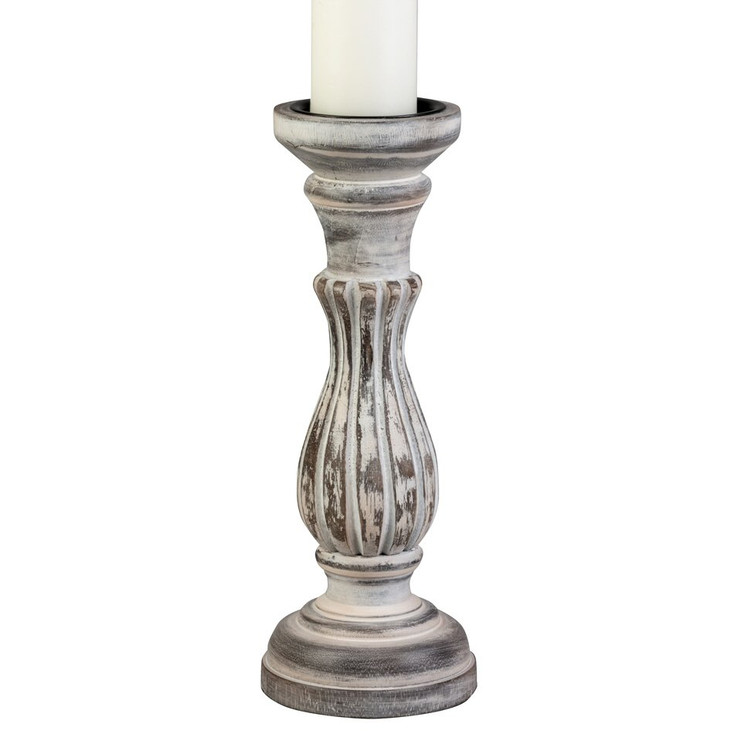 6" White Washed Wooden Pillar Candle Holder