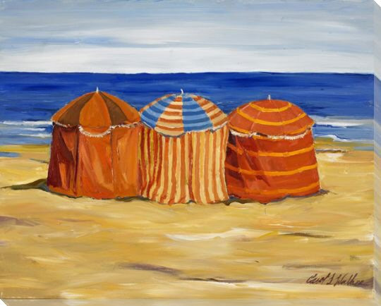 3 Umbrellas On the Beach Wrapped Canvas Giclee Print Wall Art