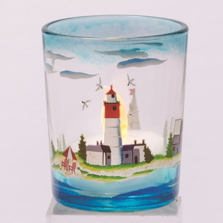 Seashore Scene Hand Painted Glass Tea Light Candle Holders, Set of 6