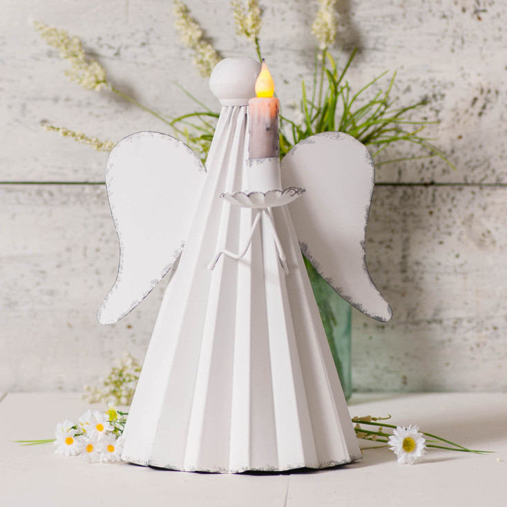 Angel Candle Holder in Rustic White