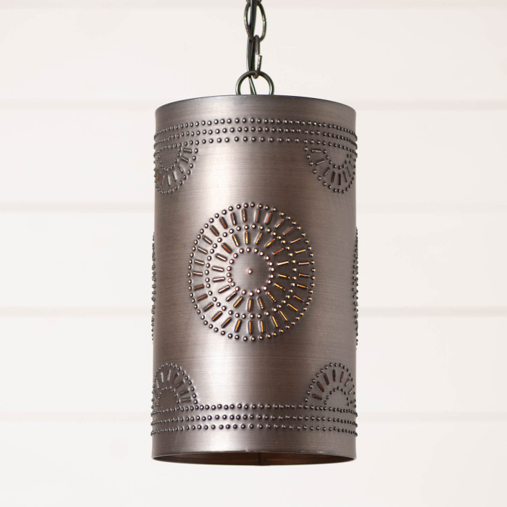 Rustic Cylinder Pendant Light in Kettle Black Tin