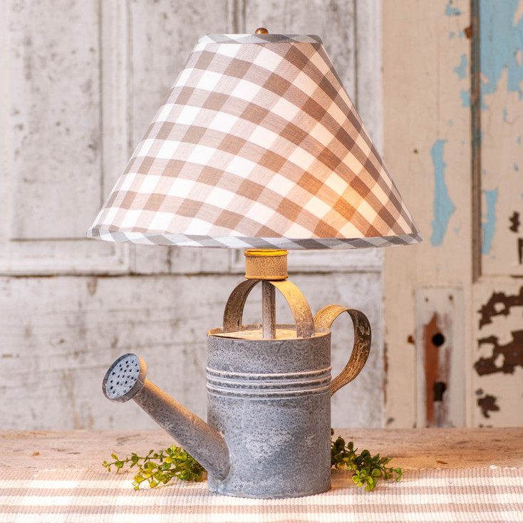 Watering Can Lamp in Weathered Zinc with Gray Check Shade