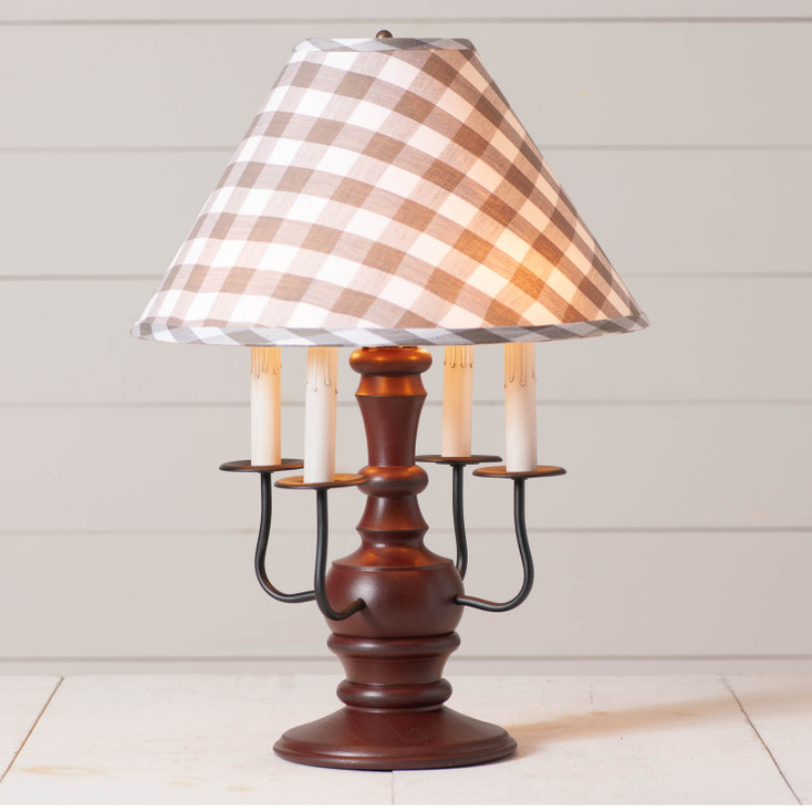 Cedar Creek Wood Table Lamp in Rustic Red with Fabric Gray Check Shade