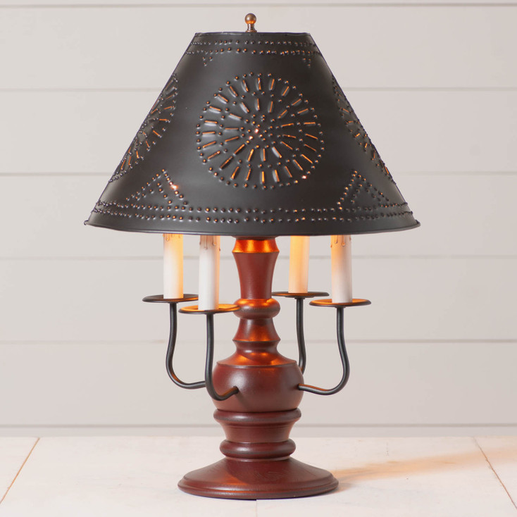 Cedar Creek Wood Table Lamp in Rustic Red with Smokey Black Metal Shade