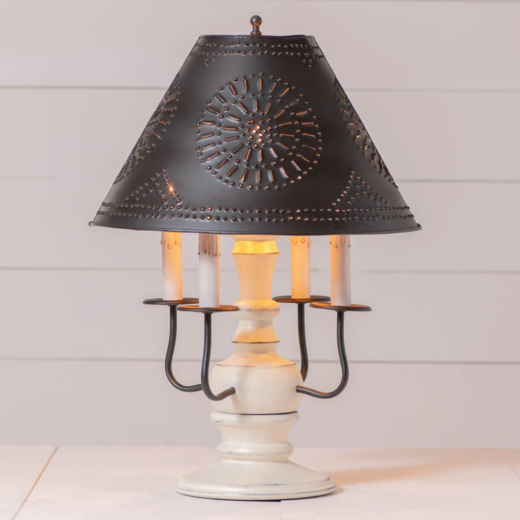 Cedar Creek Wood Table Lamp in Rustic White with Smokey Black Metal Shade