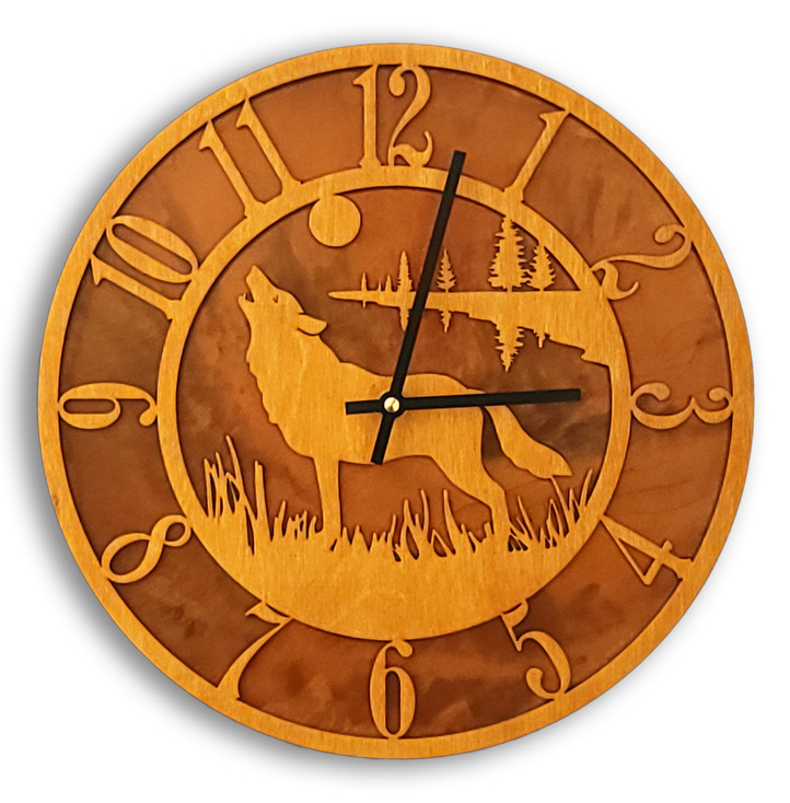 Wolf/Coyote Baltic Birch and Metal Tableau Wall Clock