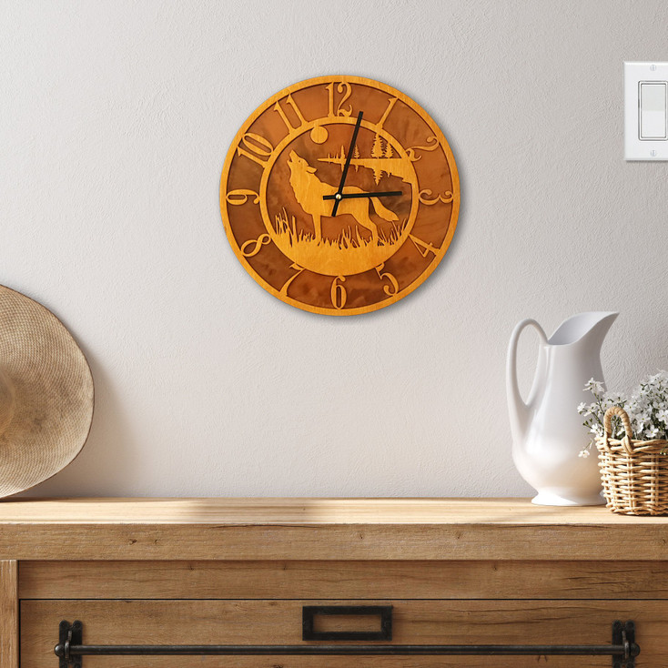 Wolf/Coyote Baltic Birch and Metal Tableau Wall Clock