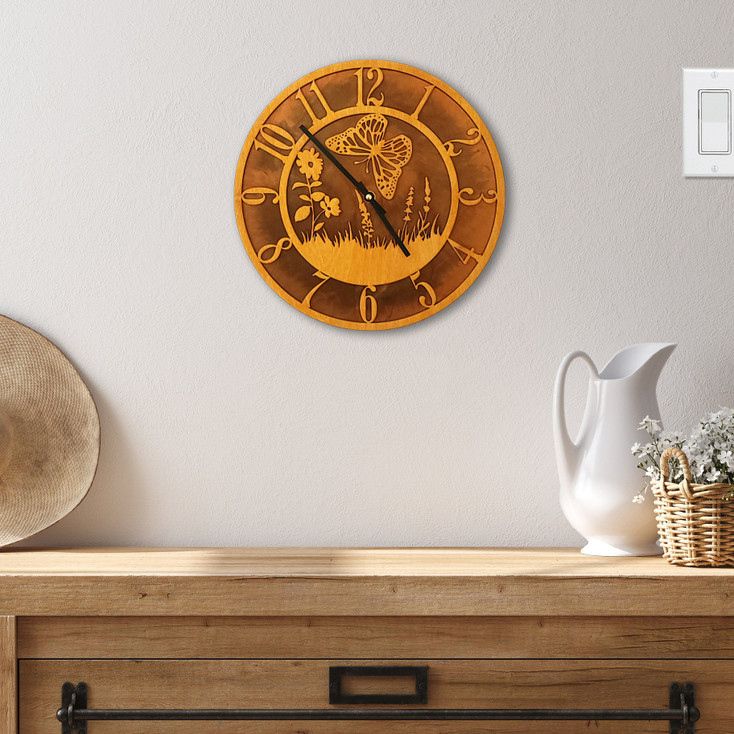 Butterfly Baltic Birch and Metal Tableau Wall Clock