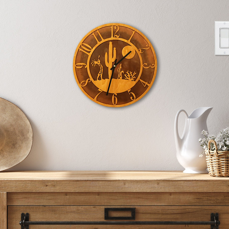 Southwest Night Scene with Kokopelli & Coyote Birch and Metal Tableau Wall Clock