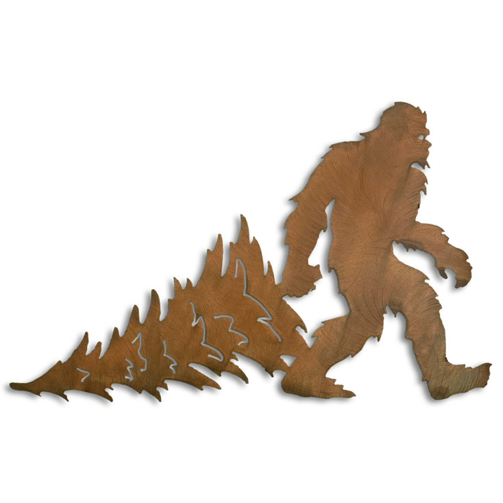 Bigfoot Sasquatch Dragging Christmas Tree Rust Metal Wall Art