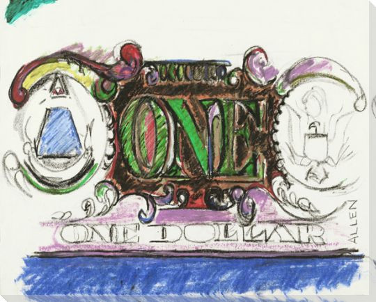 Abstract One Dollar Bill Color Drawing Wrapped Canvas Giclee Art Print