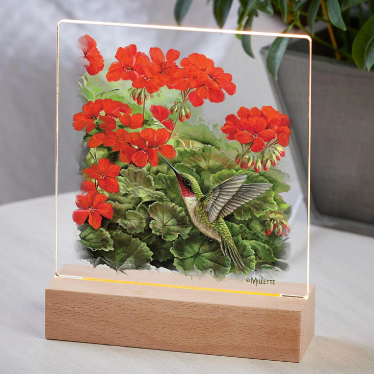 7.25" Hummingbird and Geraniums Acrylic LED Lighted Night Light