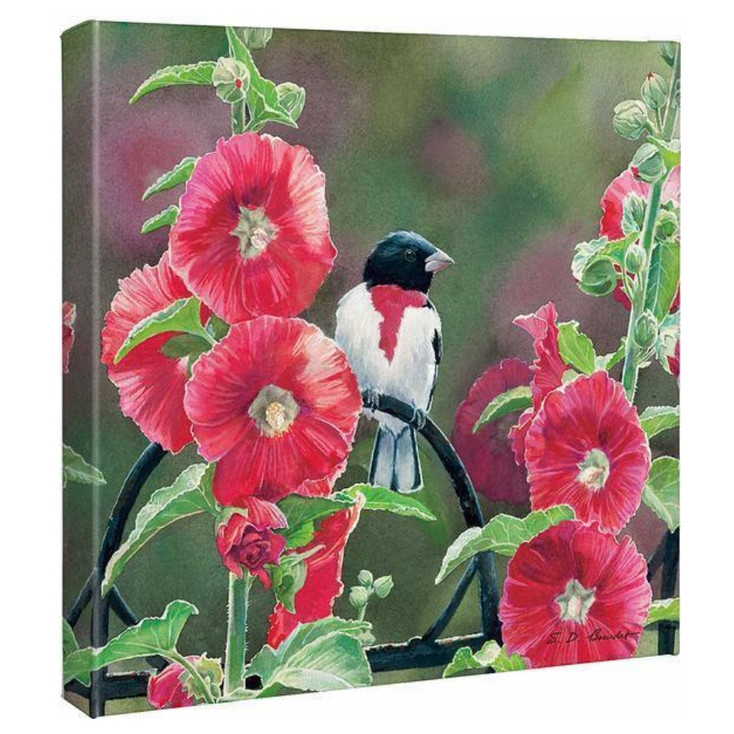 14" x 14" Grosbeak Bird and Hollyhocks Wrapped Canvas Wall Art
