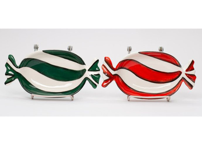 Red and Green Peppermint Candy Ceramic Candy Dishes, Set of 2