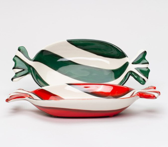 Red and Green Peppermint Candy Ceramic Candy Dishes, Set of 2