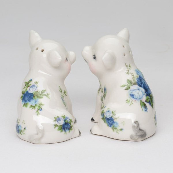 Victorian Pig with Blue Rose Patten Porcelain Salt and Pepper Shakers, Set of 4