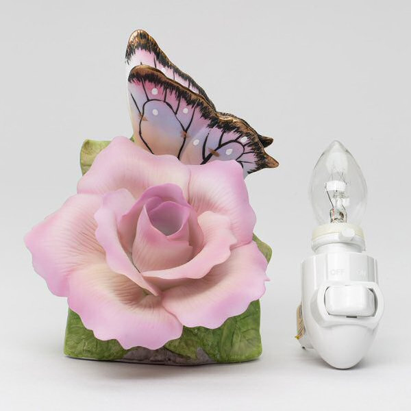 Lilac Purple Rose with Butterfly Plug-in Porcelain Night Light