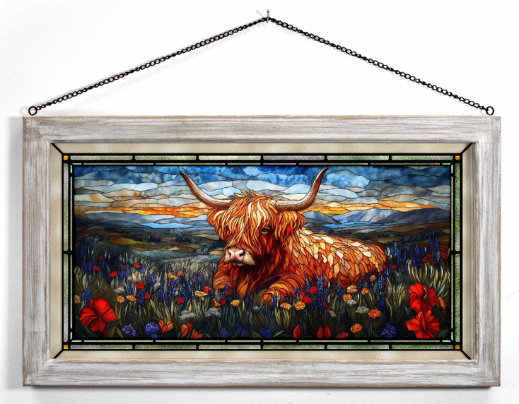 23" Highland Bloom Longhorn Framed Glass Art