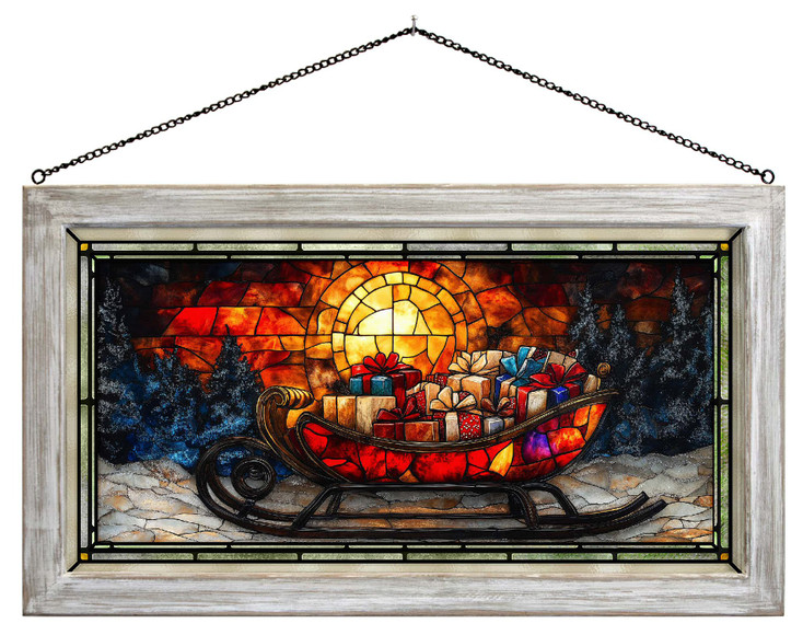 23" Gifts Aglow Sleigh with Presents Framed Glass Art