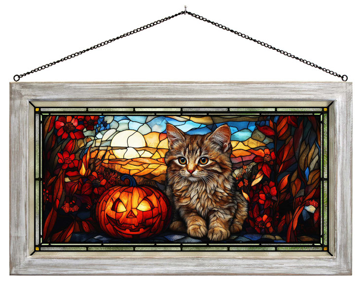 23" Autumn's Tiny Terror Pumpkin and Kitten Framed Glass Art