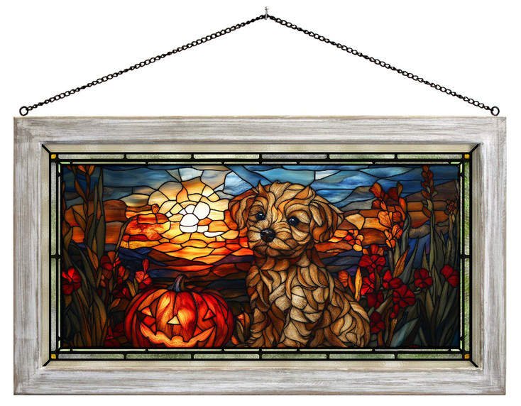 23" Pumpkin Spice Pup Puppy with a Pumpkin Framed Glass Art