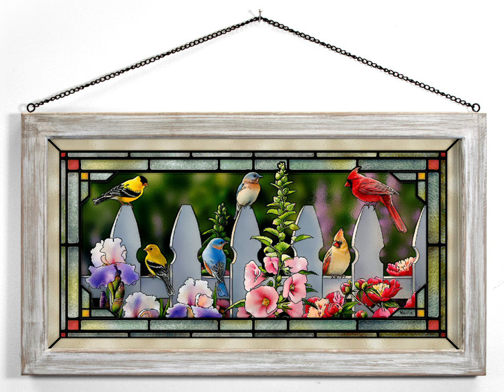 23" Picket Fence Songbirds Framed Glass Art