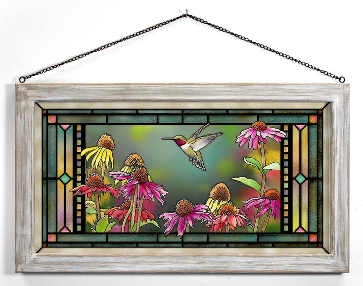 23" Ruby Hummingbird in Echinacea Framed Glass Art