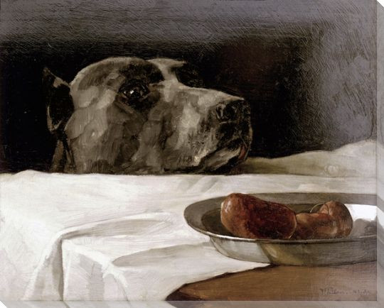 Great Dane Dog with Sausage Bowl Wrapped Canvas Giclee Print