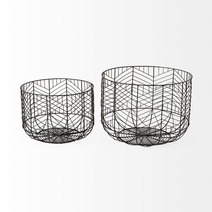 Set of Two Black Metal Wire Chevron Bowls