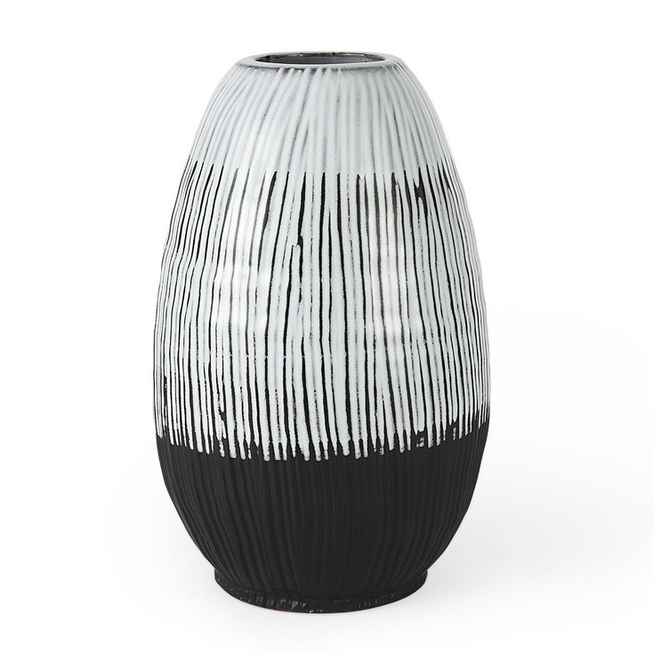 13" Black White and Gray Patterned Lines Ceramic Vase