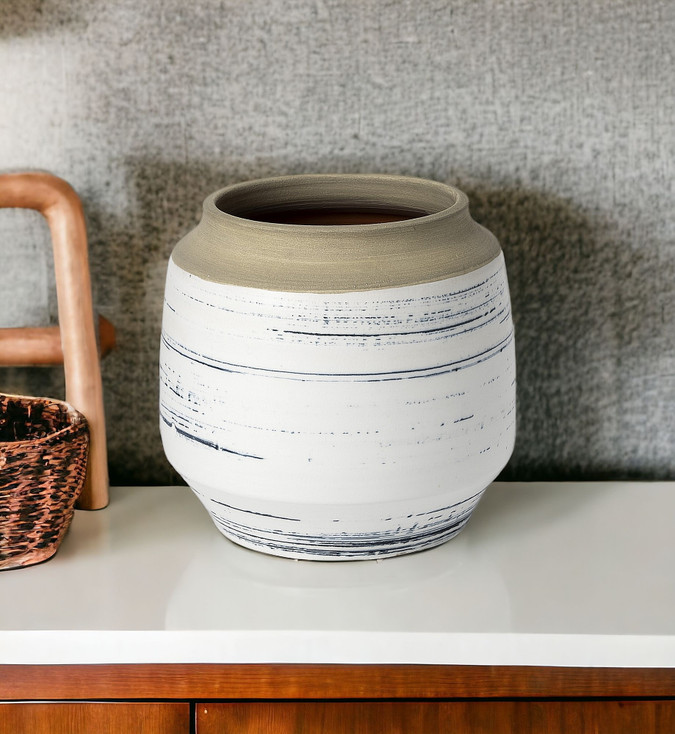 9" White Blue and Sand Abstract Cylinder Ceramic Table Vase