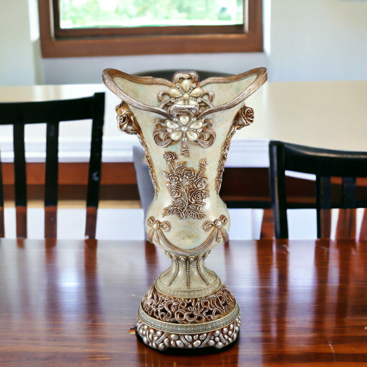 16" Green Bronze and Silver Floral Trumpet Polyresin Table Vase With Stones