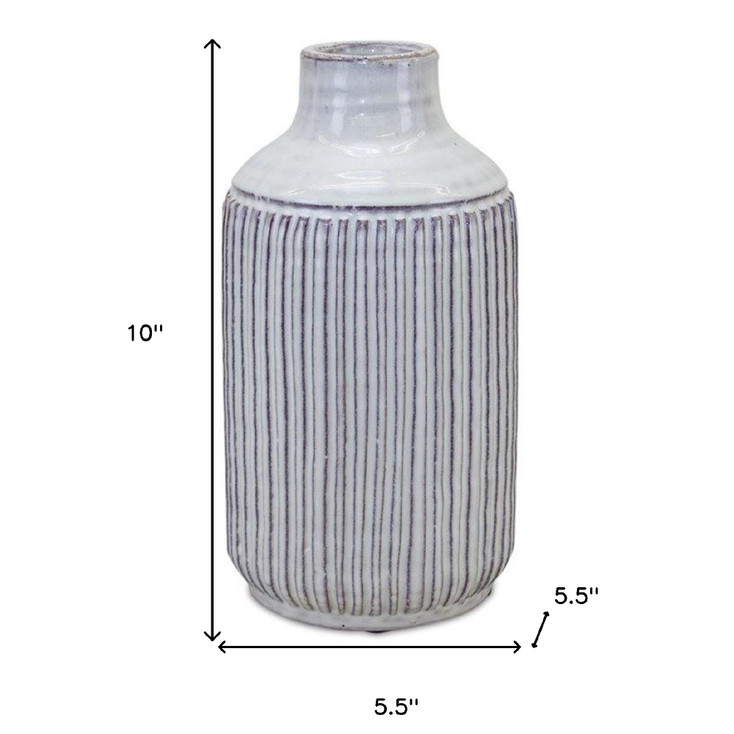 10" Off White Terracotta Striped Cylinder Table Vase