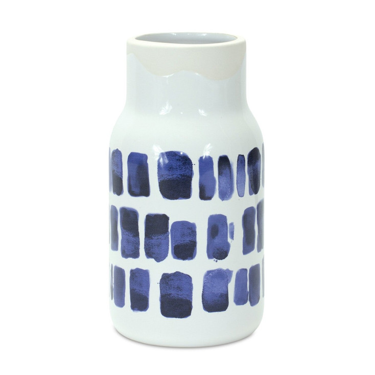 Set of Two Blue and White Abstract Cylinder Ceramic Table Vase