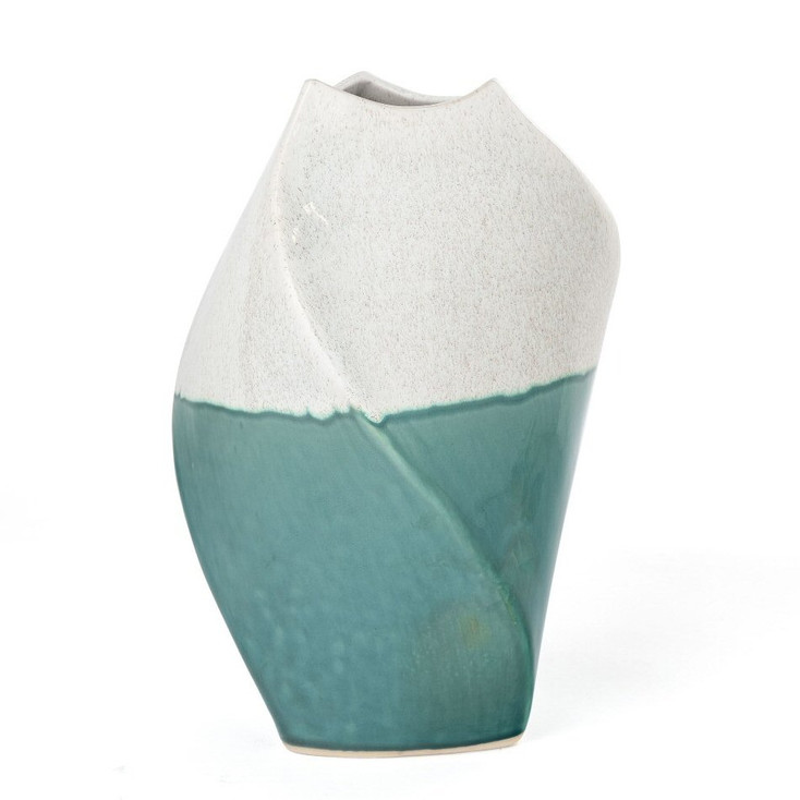 12" Green and Ivory Ombre Wavy Ceramic Table Vase