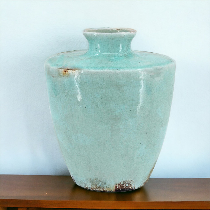 12" Aqua Terracotta Crackle Glaze Round Table Vase