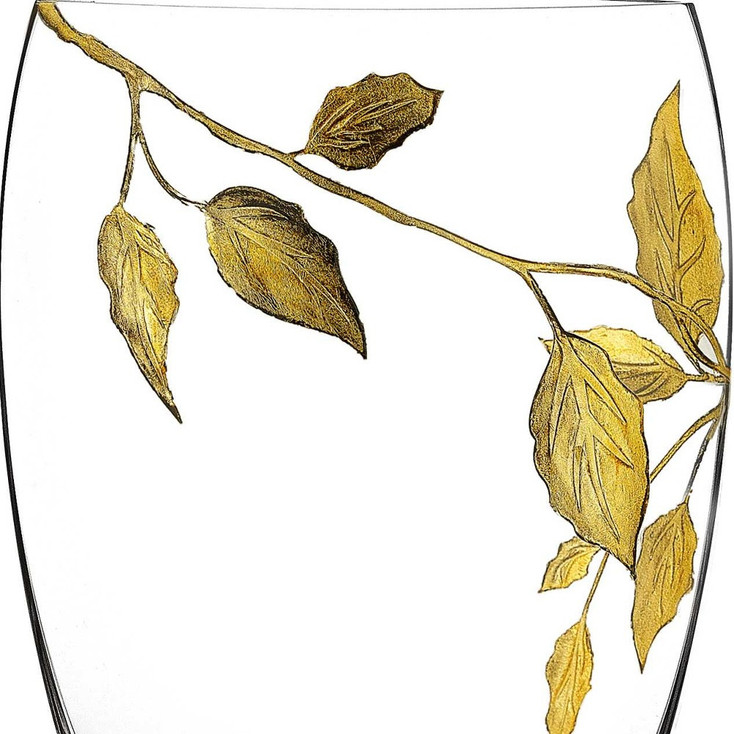12" Mouth Blown Hand Decorated With Gold Leaves Vase