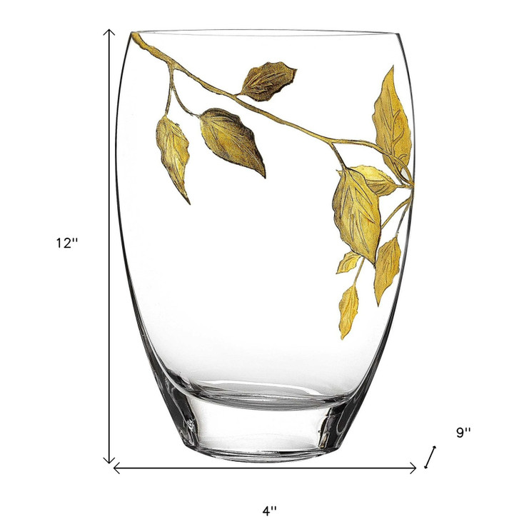 12" Mouth Blown Hand Decorated With Gold Leaves Vase