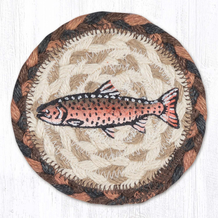 Red Salmon Printed Jute Round Coaster