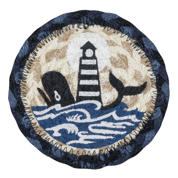 Nautical White Whale Lighthouse Printed Jute Round Coaster