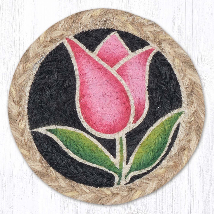 Tulip - Pink Printed Jute Round Coaster