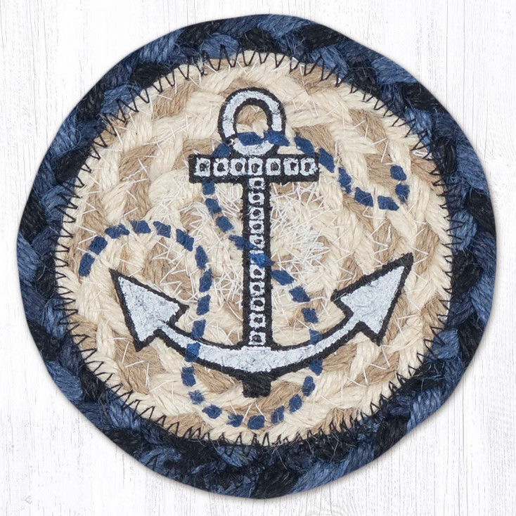 Nautical White Anchor Printed Jute Round Coaster