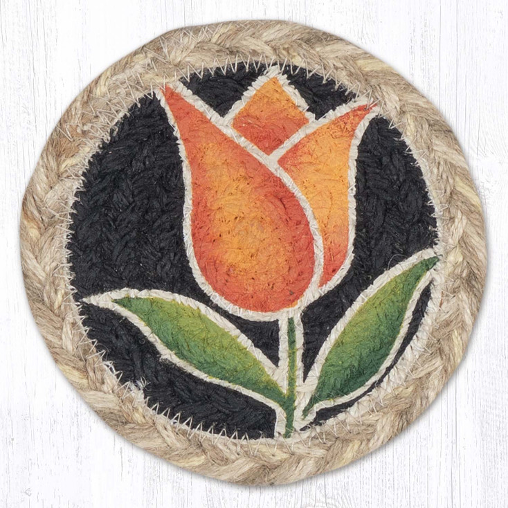Tulip - Orange Printed Jute Round Coaster