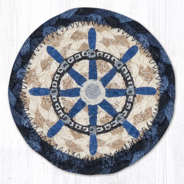 Nautical White Ship Wheel Printed Jute Round Coaster