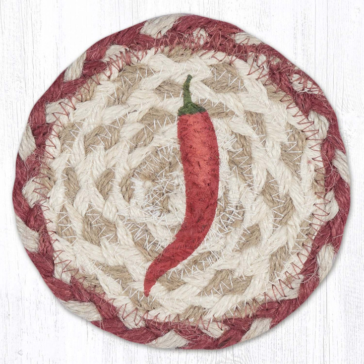 Single Chili Pepper Printed Jute Round Coaster