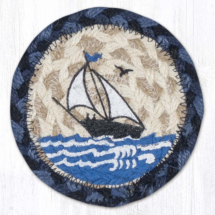 Nautical White Sailboat Printed Jute Round Coaster