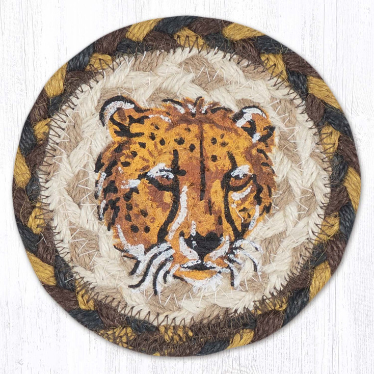 Running Cheetah Printed Jute Round Coaster