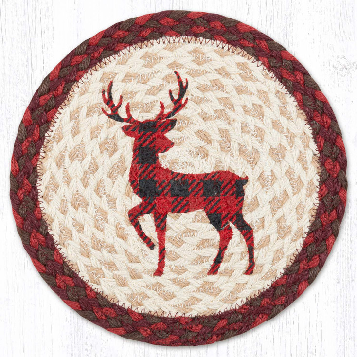Red Plaid Deer Printed Round Jute Trivet